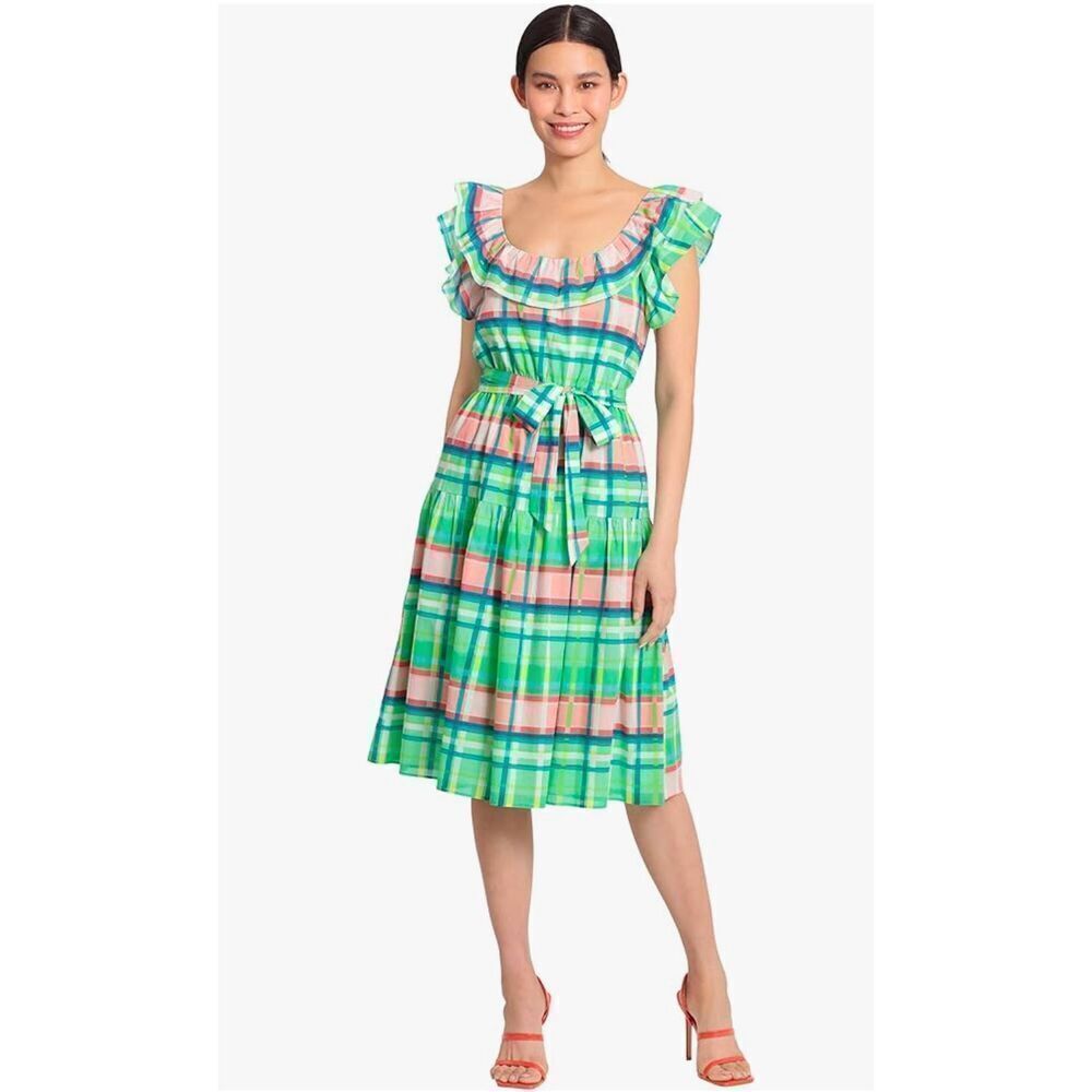 Maggy London Women's Ruffle Scoop Neck Waist Tie Tiered Skirt Dress